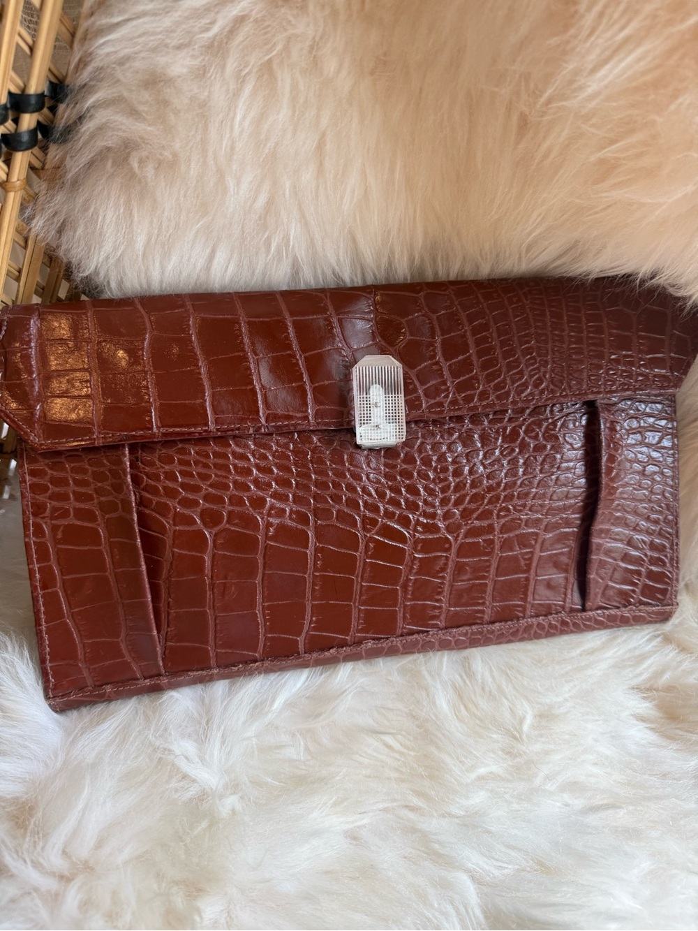 Alligator Leather Clutch - Chestnut Brown with unique lucite clasp.